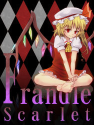 Rule 34 | 1girl, argyle, argyle background, argyle clothes, ascot, bad id, bad pixiv id, bare legs, barefoot, blonde hair, character name, feet, female focus, flandre scarlet, hand on leg, hat, hat ribbon, highres, indian style, mizukiri, red eyes, reflection, ribbon, short hair, side ponytail, sitting, skirt, skirt set, smile, soles, solo, touhou, v arms, wings