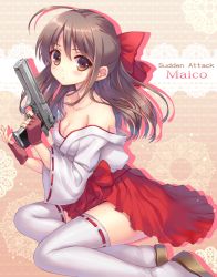 Rule 34 | 1girl, ahoge, bare shoulders, blush, bow, breasts, brown eyes, brown hair, cleavage, desert eagle, finger on trigger, fingerless gloves, gloves, gun, hair bow, hakama, hakama short skirt, hakama skirt, handgun, japanese clothes, left-handed, looking at viewer, miko, momoko (momopoco), off shoulder, ribbon-trimmed legwear, ribbon-trimmed sleeves, ribbon trim, sitting, skirt, small breasts, solo, sudden attack, thighhighs, weapon, white thighhighs, yokozuwari, zettai ryouiki