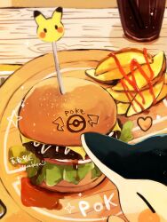 Rule 34 | animal focus, burger, cheese, commentary request, creatures (company), cup, cyndaquil, food, food focus, from above, game freak, gen 2 pokemon, glass, hanabusaoekaki, heart, highres, ketchup, lettuce, nintendo, no humans, poke ball symbol, pokemon, pokemon (creature), potato wedges, sauce, sliced cheese, sparkle, tomato