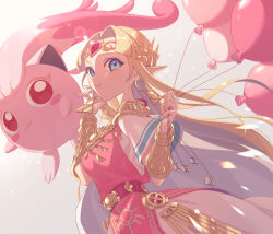 Rule 34 | 1girl, armor, balloon, belt, blonde hair, blue eyes, creatures (company), dress, earrings, game freak, gen 1 pokemon, gold trim, highres, holding, holding balloon, jewelry, long hair, looking at viewer, miri (cherryjelly), multicolored clothes, multicolored dress, nintendo, pink dress, pointy ears, pokemon, pokemon (creature), princess zelda, red eyes, scream tail, shawl, short sleeves, shoulder armor, smile, sunlight, super smash bros., the legend of zelda, the legend of zelda: a link between worlds, tiara, triforce, upper body, white dress, white shawl