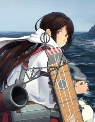 Rule 34 | 10s, 1girl, akagi (kancolle), brown eyes, brown hair, cup, flight deck, holding, holding cup, kantai collection, looking at viewer, looking back, ocean, quiver, scarf, shibafu (glock23), sitting, smile, solo, steam, water