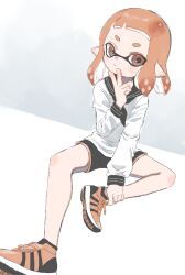 Rule 34 | 1girl, black neckerchief, black sailor collar, black shorts, closed mouth, hand on own leg, hand up, highres, inkling, inkling girl, inkling player character, long sleeves, medium hair, neckerchief, nintendo, orange eyes, orange hair, plum0o0, pointy ears, sailor collar, shirt, shoelaces, shoes, short bangs, short eyebrows, shorts, sitting, solo, splatoon (series), suction cups, tentacle hair, white shirt