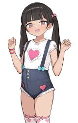 Rule 34 | 1girl, absurdres, black hair, black shorts, blush, brown eyes, collarbone, frilled shorts, frilled sleeves, frills, hair bobbles, hair ornament, hands up, heart, heart print, highres, long hair, looking at viewer, open mouth, original, print thighhighs, shirt, short shorts, short sleeves, shorts, simple background, solo, suspender shorts, suspenders, sweat, sweatband, takenoko no you, tan, thighhighs, twintails, white background, white shirt, white thighhighs, wristband