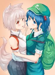 Rule 34 | 2girls, absurdres, animal ear fluff, animal ears, aqua dress, backpack, bag, bare shoulders, black ribbon, black skirt, blue eyes, blue hair, blush, breast press, breasts, cabbie hat, commentary request, cowboy shot, detached sleeves, dress, frilled shirt collar, frills, green headwear, hat, highres, holding hands, interlocked fingers, inubashiri momiji, kawashiro nitori, long sleeves, looking at viewer, medium breasts, multiple girls, neck ribbon, open mouth, orange background, pleated skirt, pom pom (clothes), puffy short sleeves, puffy sleeves, red eyes, ribbon, risiyun, shirt, short hair, short sleeves, silver hair, simple background, skirt, symmetrical docking, tail, touhou, two side up, white shirt, wide sleeves, wolf ears, wolf tail