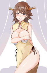 Rule 34 | 1girl, absurdres, alternate costume, bare shoulders, blush, breasts, brown hair, china dress, chinese clothes, cleavage cutout, clothing cutout, covering privates, covering breasts, dress, embarrassed, grey eyes, hairband, heart, heart-shaped pupils, hiei (kancolle), highres, kantai collection, large breasts, looking at viewer, medium breasts, open mouth, saku (kudrove), smile, solo, symbol-shaped pupils