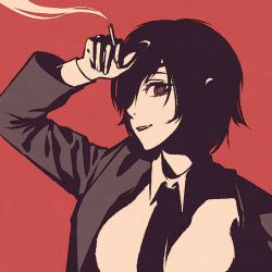 Rule 34 | 1girl, black eyes, black hair, black jacket, black suit, chainsaw man, cigarette, collared shirt, eyelashes, eyepatch, formal, himeno (chainsaw man), jacket, long sleeves, looking at viewer, moshimoshibe, necktie, one eye covered, open mouth, red background, shirt, short hair, sleeves past elbows, smile, smoke, smoking, solo, suit, teeth, white shirt