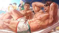 Rule 34 | 2boys, 6+boys, abs, armpits, arms behind head, bara, beach, biceps, black hair, black male swimwear, blush, brown hair, bulge, character request, dark-skinned male, dark skin, eyewear on head, feet out of frame, game cg, green eyes, large pectorals, looking at another, looking to the side, lying, male focus, male swimwear, mature male, multiple boys, muscular, muscular male, nipples, on back, pectorals, short hair, sksk dan, stomach, sunglasses, swim trunks, thick eyebrows, thighs, topless male, umbrella, wasp (anthyutena), white male swimwear