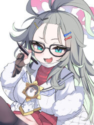 Rule 34 | 1girl, absurdres, ahoge, black-framed eyewear, black gloves, blue archive, breasts, coat, commentary request, fang, fur-trimmed coat, fur trim, glasses, gloves, green eyes, green hair, hair ornament, hairclip, halo, hand up, highres, holding, holding stylus, huge ahoge, large breasts, looking at viewer, mask, mask around neck, meru (blue archive), mouth mask, navel, neckerchief, open mouth, oppai loli, partially fingerless gloves, print neckerchief, red halo, red sweater, ribbed sweater, sailor collar, shiroron mochi, shirt, simple background, skin fang, smile, solo, stylus, sweater, tongue, turtleneck, turtleneck sweater, upper body, white background, white sailor collar, white shirt
