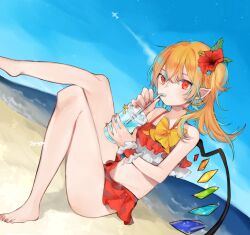 Rule 34 | 1girl, adapted costume, bare legs, bare shoulders, barefoot, beach, blonde hair, blue sky, cloud, cup, day, drinking, drinking straw, dutch angle, flandre scarlet, flat chest, flower, hair between eyes, hair flower, hair ornament, hibiscus, highres, holding, holding cup, horizon, leg up, light blush, looking at viewer, makita (vector1525), nail polish, navel, no headwear, one side up, outdoors, pointy ears, red eyes, red flower, red nails, sitting, sky, solo, swimsuit, toenail polish, toenails, touhou, wings