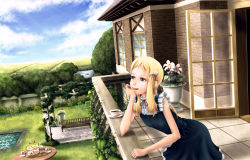 Rule 34 | 1girl, arm support, bad id, bad pixiv id, balcony, blonde hair, blue eyes, blue sky, brick wall, cloud, cup, day, dress, garden, grass, hair ornament, hairclip, head rest, highres, house, leaning forward, mansion, minusion, original, outdoors, railing, saucer, sky, solo, standing, table, tea, teacup, tiered tray, water, window