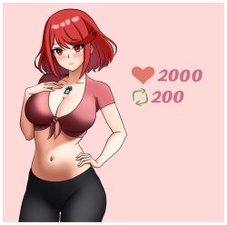 Rule 34 | 1girl, blush, breasts, cleavage, hand on own chest, hand on own hip, highres, large breasts, leggings, legs, looking at viewer, mcarthur1010, midriff, navel, pyra (xenoblade), red eyes, red hair, shirt, short hair, smile, solo, strip game, thighs, tied shirt, xenoblade chronicles (series), xenoblade chronicles 2