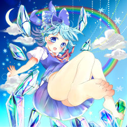 Rule 34 | 1girl, ass, barefoot, blue dress, blue eyes, blue hair, blue sky, blush, bottomless, bow, cirno, cloud, convenient censoring, dress, fang, feet, foot focus, full body, hair bow, highres, ice, ice wings, looking at viewer, matching hair/eyes, no panties, open mouth, rainbow, ramudia (lamyun), shirt, sky, smile, soles, solo, toes, touhou, upskirt, wings