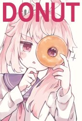 Rule 34 | 1girl, absurdres, ahoge, asymmetrical sidelocks, blue archive, blush stickers, clothes pin, commentary request, damao (kiwa777), doughnut, dutch angle, english text, finger to own chin, food, hair flaps, halo, highres, holding, holding food, looking at viewer, looking through doughnut, natsu (blue archive), neckerchief, open mouth, pink eyes, pink hair, purple neckerchief, red neckerchief, school uniform, serafuku, shirt, side ponytail, simple background, solo, sparkle, upper body, v-shaped eyebrows, white background, white shirt