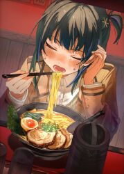 Rule 34 | 1girl, :d, bawa (thankyousushi), blazer, blush, bowl, brown jacket, chopsticks, closed eyes, collared shirt, cup, dot nose, drinking glass, dutch angle, eating, facing viewer, food, green hair, grey sweater, hair ornament, tucking hair, hand in own hair, highres, holding, holding chopsticks, idoly pride, indoors, jacket, komiyama ai, long bangs, long hair, long sleeves, multicolored hair, noodles, nose blush, open clothes, open jacket, open mouth, pink hair, pitcher (container), ramen, school uniform, shadow, shirt, sitting, smile, solo, star (symbol), star hair ornament, straight hair, streaked hair, sweat, sweater, table, upper body, v-neck, white shirt