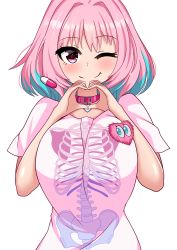Rule 34 | 1girl, absurdres, blue hair, blush, breasts, closed mouth, collar, collarbone, commentary, earrings, hands up, heart, heart hands, highres, idolmaster, idolmaster cinderella girls, jewelry, large breasts, looking at viewer, multicolored hair, one eye closed, pill earrings, pink eyes, pink hair, short sleeves, simple background, skeleton print, smile, solo, the only shoe, two-tone hair, white background, yumemi riamu