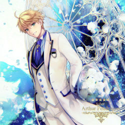 Rule 34 | 1boy, ahoge, arms behind back, arthur pendragon (fate), arthur pendragon (white rose) (fate), blonde hair, bouquet, character name, coat, collared shirt, commentary request, dutch angle, fate/prototype, fate (series), flower, green eyes, holding, long sleeves, looking at viewer, male focus, necktie, pants, pocket watch, purple necktie, rose, shirt, shutsuri, solo, standing, twitter username, vest, watch, white coat, white flower, white pants, white rose, white shirt, white vest, wing collar