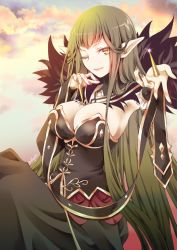 Rule 34 | 1girl, ;), armpits, black dress, breasts, brown eyes, brown nails, cleavage, closed mouth, cloud, cloudy sky, commentary request, detached sleeves, dress, fate/apocrypha, fate (series), fingernails, fur trim, glint, green hair, hands up, large breasts, long hair, long sleeves, looking at viewer, one eye closed, outdoors, pointy ears, semiramis (fate), sheepd, signature, sitting, sky, smile, solo, spikes, strapless, strapless dress, twitter username, very long hair