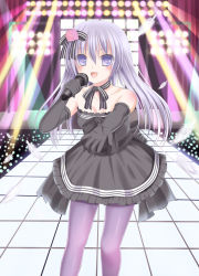 Rule 34 | 1girl, bad id, bad pixiv id, bare shoulders, dress, elbow gloves, feathers, gloves, hair ornament, highres, ikeda yuuki, light purple hair, long hair, md5 mismatch, microphone, music, neck ribbon, open mouth, original, outstretched arm, pantyhose, purple eyes, purple hair, purple pantyhose, ribbon, singing, smile, solo, stage