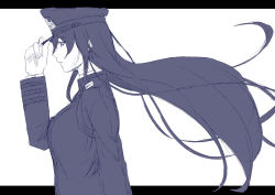 Rule 34 | 10s, 1girl, adjusting clothes, adjusting headwear, female admiral (kancolle), floating hair, from side, gloves, greyscale, hand on headwear, hat, kantai collection, letterboxed, long hair, looking at viewer, military, military hat, military uniform, monochrome, niwatazumi, parted lips, peaked cap, sidelocks, sketch, solo, tatebayashi sakurako, uniform, upper body, white background