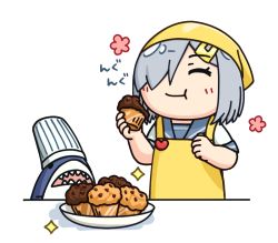 Rule 34 | apron, bandana, chef hat, commentary request, cupcake, eating, closed eyes, food, grey sailor collar, hair ornament, hair over one eye, hairclip, hama! (3toshinhmkz), hamakaze (kancolle), hat, kantai collection, neckerchief, no nose, sailor collar, school uniform, serafuku, short hair, silver hair, simple background, sparkle, stuffed animal, stuffed shark, stuffed toy, toque blanche, white background, yellow apron, yellow bandana, yellow neckerchief