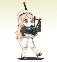 Rule 34 | 1girl, bagpipes, blonde hair, blue eyes, blue sailor collar, commentary request, dress, frilled socks, frills, full body, gloves, gradient background, grey background, hat, highres, instrument, jervis (kancolle), kantai collection, long hair, marching, sailor collar, sailor dress, sailor hat, short sleeves, socks, solo, standing, white dress, white gloves, white hat, yakuto007