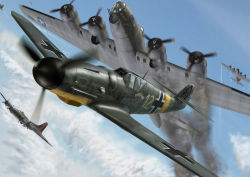 Rule 34 | 3d, aerial battle, aircraft, airplane, b-17, battle, bf 109, bomber, contrail, damaged, day, flying, gun, messer, military, military vehicle, no humans, sky, smoke, smoking, vehicle focus, weapon, world war ii