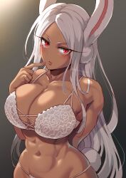 Rule 34 | 1girl, abs, absurdres, animal ears, bare shoulders, boku no hero academia, bra, breasts, cleavage, collarbone, criss-cross straps, dark-skinned female, dark skin, female focus, finger to mouth, frilled bra, frills, harurukan, highres, large breasts, lingerie, long hair, looking at viewer, mirko, nail polish, navel, panties, parted bangs, parted lips, rabbit ears, rabbit girl, rabbit tail, red eyes, red nails, skindentation, solo, stomach, tail, toned, twitter username, underwear, underwear only, very long hair, white bra, white hair, white panties