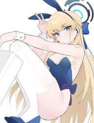 Rule 34 | 1girl, animal ears, bare shoulders, blonde hair, blue archive, blue eyes, blue flower, blue hairband, blue leotard, braid, breasts, cleavage, commentary, earpiece, fake animal ears, flower, french braid, hairband, halo, high heels, highleg, highleg leotard, highres, legs, leotard, long hair, looking at viewer, multicolored hair, official alternate costume, playboy bunny, pumps, rabbit ears, simple background, skindentation, small breasts, solo, squatting, strapless, strapless leotard, streaked hair, thighhighs, toki (blue archive), toki (bunny) (blue archive), white background, white thighhighs, wrist cuffs, xubai