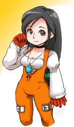 Rule 34 | 1girl, black eyes, black hair, bodysuit, breasts, choker, cleavage, closed mouth, commentary request, corset, final fantasy, final fantasy ix, garnet til alexandros xvii, gloves, groin, highres, jewelry, long hair, looking at viewer, necklace, orange bodysuit, solo, yuuya (blue scarab)