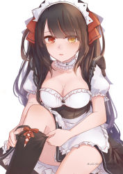 Rule 34 | 1girl, apron, artist name, black hair, black thighhighs, blunt bangs, bow, breasts, choker, cleavage, clock eyes, commentary request, date a live, dated, dressing, esther 0418, hair bow, heterochromia, highres, large breasts, long hair, looking at viewer, maid, maid apron, maid headdress, open mouth, photoshop (medium), red eyes, single thighhigh, solo, symbol-shaped pupils, thighhighs, thighs, tokisaki kurumi, twintails, very long hair, yellow eyes