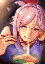 Rule 34 | 1girl, :q, blue hair, chopsticks, earrings, eating, fate/grand order, fate (series), fingernails, folded ponytail, food, hair ornament, highres, japanese clothes, jewelry, kisaragi chiyuki, looking at viewer, miyamoto musashi (fate), miyamoto musashi (first ascension) (fate), noodles, solo, tongue, tongue out, udon
