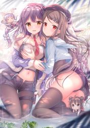 Rule 34 | 4girls, absurdres, anchor hair ornament, ass, azur lane, bare shoulders, beret, black legwear, blue jacket, blush, braid, grabbing another&#039;s breast, breasts, brown eyes, chang chun (azur lane), chibi, closed mouth, collarbone, grabbing, hair ornament, hairclip, hat, highres, jacket, kimberly (azur lane), large breasts, long hair, long sleeves, looking at viewer, looking back, medium breasts, midriff, mullany (azur lane), multiple girls, navel, necktie, nipples, off shoulder, open clothes, open jacket, open mouth, pantyhose, purple hair, red eyes, red neckwear, scan, see-through, short shorts, shorts, sidelocks, simple background, sousouman, stomach, tai yuan (azur lane), thighhighs, thighs, water, wet, wet clothes
