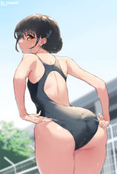 Rule 34 | 1girl, ass, back, bare legs, black hair, blush, breasts, brown eyes, competition swimsuit, hair bun, jonsun, looking at viewer, one-piece swimsuit, original, single hair bun, small breasts, solo, swimsuit, wet