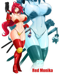 Rule 34 | 1girl, ahoge, armor, battle chasers, bikini, bikini armor, blue eyes, boots, breasts, bursting breasts, character doll, character name, choker, cleavage, collarbone, curvy, devil-v, earrings, elbow gloves, g-string, gloves, green eyes, gun, headband, high heel boots, high heels, highleg, highleg bikini, highres, hip focus, huge breasts, jewelry, knees, legs, lips, lipstick, long hair, long legs, looking at viewer, makeup, navel, ponytail, red hair, red lips, red monika, red thighhighs, shiny skin, solo, swimsuit, sword, thigh boots, thighhighs, thighs, thong, weapon, white background, wide hips, zoom layer