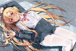 Rule 34 | 1girl, arm up, asuna (sao), bdsm, black jacket, black skirt, blonde hair, blue bra, blush, bondage, bound, bra, braid, breasts, chain, chained, chained wrists, clothes lift, commentary request, cuffs, devil heavens, highres, jacket, large breasts, long hair, looking at viewer, lying, lying on water, on back, on floor, open clothes, open jacket, pantyhose, partially submerged, prisoner, red ribbon, ribbon, ryona, school uniform, see-through, see-through shirt, shackles, shirt, skirt, solo, sword art online, underwear, uniform, very long hair, water, wet, wet clothes, white pantyhose, white shirt, worried, yellow eyes