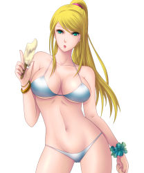 Rule 34 | 1girl, bad id, bad pixiv id, bikini, blonde hair, bracelet, breasts, cleavage, food, green eyes, highres, ice cream, jewelry, kukua (mosushi), large breasts, long hair, metroid, navel, nintendo, ponytail, popsicle, samus aran, simple background, solo, strap gap, super smash bros., swimsuit, tongue, tongue out, white background, wrist cuffs