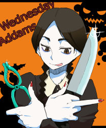 Rule 34 | 1girl, :q, addams family, animification, bat (animal), braid, debacoq, face, fingernails, highres, knife, long fingernails, middle finger, nail polish, pale skin, pliers, red nails, smile, solo, tongue, tongue out, twin braids, wednesday addams