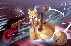 Rule 34 | 1girl, adapted costume, android, blonde hair, blunt bangs, blurry, blurry background, crossover, double bun, dress, dual wielding, flying, gundam, hair bun, hair ornament, haniwa (statue), highres, holding, holding weapon, joutouguu mayumi, kanpa (campagne 9), open mouth, rocket launcher, short hair, sleeveless, solo, touhou, vambraces, weapon, yellow dress, yellow eyes