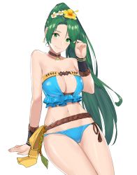Rule 34 | 1girl, bare shoulders, bikini, blue bikini, breasts, brown choker, center opening, choker, earrings, fire emblem, flower, green eyes, green hair, hair flower, hair ornament, highres, invisible chair, j@ck, jewelry, large breasts, long hair, looking at viewer, lyn (fire emblem), lyn (summer) (fire emblem), navel, nintendo, official alternate costume, ponytail, rope, sash, shimenawa, simple background, sitting, smile, solo, strapless, strapless bikini, swimsuit, very long hair, white background