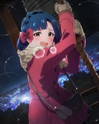 Rule 34 | 10s, 1girl, :d, bag, bell, blue hair, blunt bangs, blush, bow, braid, breasts, breath, buttons, cityscape, coat, cowboy shot, dutch angle, french braid, from side, fur trim, glowing, hair bow, handbag, hands up, idolmaster, idolmaster million live!, lens flare, lights, long sleeves, looking at viewer, million live card, mittens, nanao yuriko, night, night sky, official art, open mouth, outdoors, raised eyebrows, rope, scarf, sky, small breasts, smile, solo, sparkle, star (sky), starry sky, sweatdrop, tree, winter clothes, yellow eyes