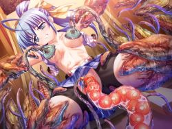 Rule 34 | blood, blue eyes, blue hair, breast sucking, breasts, clenched teeth, defloration, egg, egg laying, impregnation, lusterise, ovipositor, restrained, saikyou mahou shoujo arina, spread legs, teeth, tentacles, torn clothes, vaginal