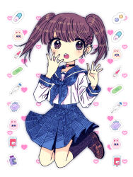 1girl bad_id bad_pixiv_id bandaid black_socks blue_neckerchief blue_skirt brown_eyes brown_footwear brown_hair choker earrings eyelashes heart heart_choker jewelry loafers looking_at_viewer neckerchief open_mouth original pasikon pill pleated_skirt school_uniform shirt shoes skirt socks solo syringe twintails white_shirt