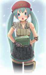 Rule 34 | 1girl, aqua eyes, aqua hair, bad id, bad pixiv id, battlefield: bad company 2, battlefield (series), blush, camouflage, elbow pads, fingerless gloves, first aid, first aid kit, gloves, hat, hatsune miku, headset, highres, long hair, marumi sho, medic, military, military uniform, open mouth, skirt, solo, thighhighs, twintails, uniform, vocaloid