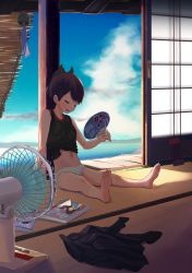 Rule 34 | 1girl, barefoot, black tank top, blue sky, book, brown hair, unworn clothes, cloud, commentary request, day, electric fan, closed eyes, hand fan, highres, infini, kantai collection, navel, ocean, panties, paper fan, ponytail, scenery, shikinami (kancolle), short hair, sky, solo, tank top, tatami, uchiwa, underwear, white panties, wind chime
