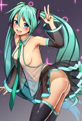 Rule 34 | 1girl, aqua hair, ass, bent over, between breasts, black thighhighs, blue eyes, breasts, detached sleeves, hair ornament, hatsune miku, headset, long hair, long sleeves, looking at viewer, necktie, necktie between breasts, nishiumi rin, no panties, open clothes, open shirt, pleated skirt, shirt, skirt, solo, thighhighs, twintails, very long hair, vocaloid, wide sleeves