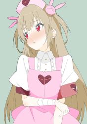Rule 34 | 1girl, absurdres, apron, bad id, bad twitter id, bandages, blush, closed mouth, donguri suzume, hat, heart, highres, light brown hair, long hair, looking away, natori sana, nurse cap, pink apron, pink hat, puffy short sleeves, puffy sleeves, red eyes, sana channel, short sleeves, solo, two side up, virtual youtuber