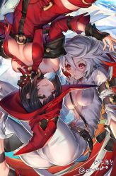 Rule 34 | 2girls, bare shoulders, belt, black hair, blue eyes, breasts, candy, cleavage, cropped, detached sleeves, fingerless gloves, food, gloves, guilty gear, guilty gear xrd, hat, i-no, jack-o&#039; valentine, large breasts, lollipop, long hair, mouth hold, multicolored hair, multiple girls, open clothes, open shirt, oro (sumakaita), red eyes, red hair, red hat, shirt, two-tone hair, underboob, upside-down, white hair, witch hat