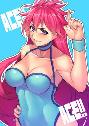 Rule 34 | 1girl, aqua background, blue leotard, blush, breasts, choker, cleavage, collarbone, covered navel, cowboy shot, from above, hair between eyes, hand on own hip, kupala, large breasts, leotard, long hair, looking at viewer, medium breasts, mighty yukiko, muscular, muscular female, navel, open mouth, pink hair, purple eyes, simple background, smile, solo, standing, text focus, wrestle angels, wrestle angels survivor, wrestling outfit, wristband