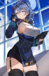 Rule 34 | 1girl, ako (blue archive), bell, black gloves, black skirt, blue archive, blue coat, blue eyes, blue hair, blue hairband, breasts, buttons, clipboard, coat, cowbell, cowboy shot, double-breasted, earrings, garter straps, gloves, hair between eyes, hairband, half gloves, halo, highres, holding, holding clipboard, jewelry, long hair, miniskirt, neck bell, red ribbon, ribbon, sideboob, skirt, thighhighs, yakihoko