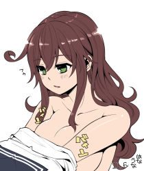 Rule 34 | 10s, 1girl, braid, breasts, brown hair, green eyes, hair between eyes, hanauna, kantai collection, large breasts, long hair, noshiro (kancolle), translation request, twin braids, undressing